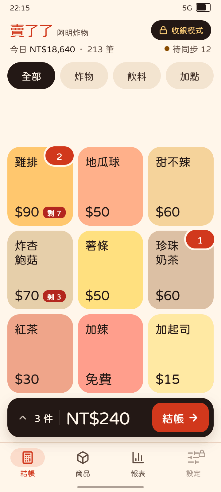 賣了了結帳畫面:商品按鈕與購物車